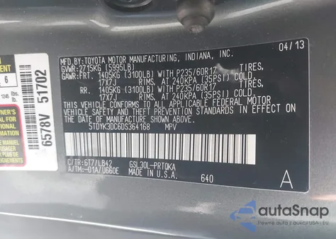 2013 Toyota Sienna Xle V6 8 Passenger z USA, uszkodzony, nr VIN 5TDYK3DC6DS364168